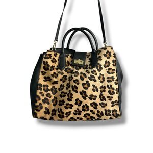 A. Bellucci Leopard Calf Hair‎ Black Leather Satchel Bag Made in Italy Large